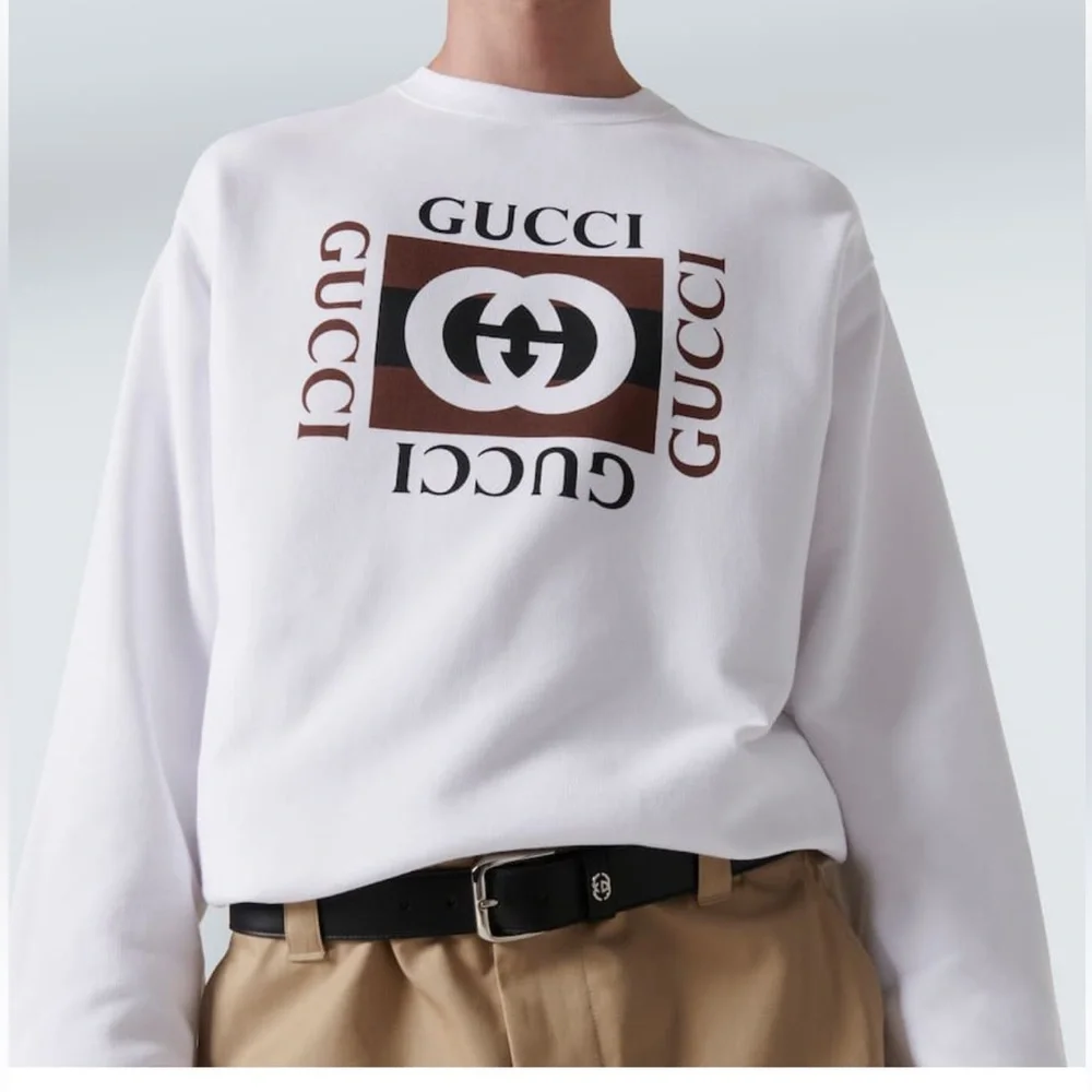 Gucci Logo GG Men’s Size S Felted Cotton Jersey White/Brown Sweatshirt Pullover